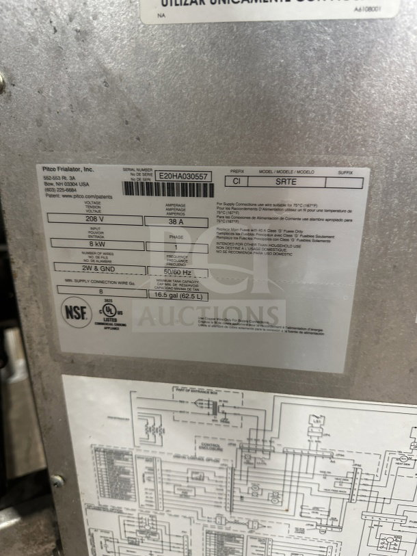 Pitco SRTE commercial pasta cooker, stainless steel, 16.5 gal capacity, digital control, 208V, 1 phase, with backsplash. Serial: E20HA030557.