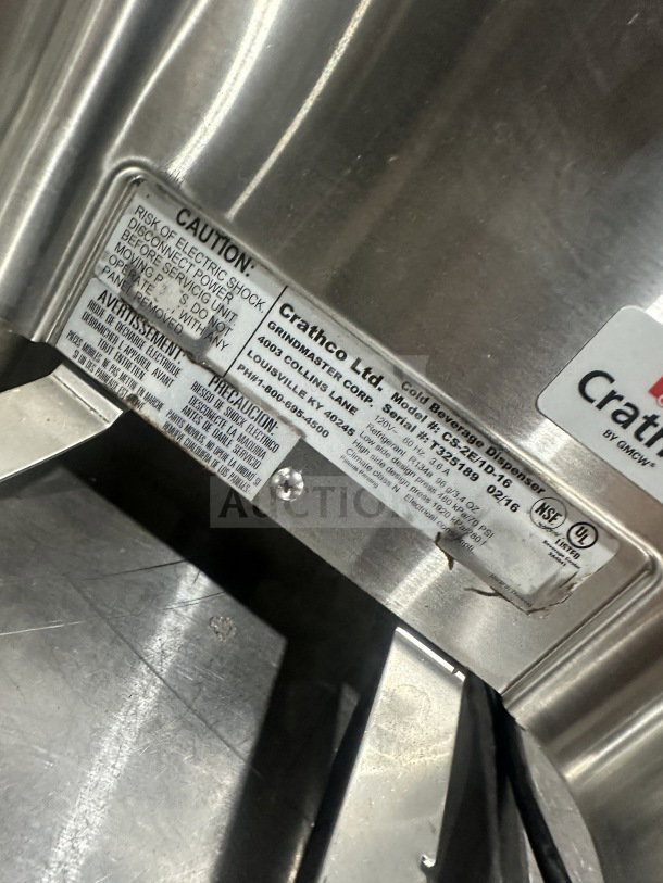 Crathco Classic Bubbler Series beverage dispenser, model CS2E1D16, stainless steel, clear hoppers, dual drip trays, 115V.