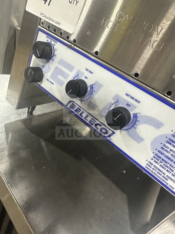 Belleco JT2H commercial electric conveyor toaster, stainless steel, model SN: 1512-4368305, 120V, adjustable controls.