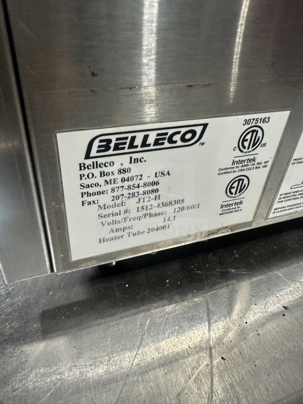 Belleco JT2H stainless steel countertop conveyor toaster, model SN: 1512-4368305, 120V, 1 phase, label details visible.