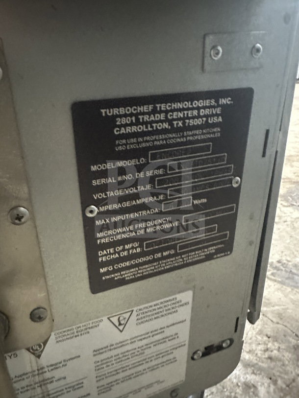 TurboChef Encore 2 electric rapid cook oven, model ENC31034258, 208/240V, 1 phase, on legs, shown with serial number label.