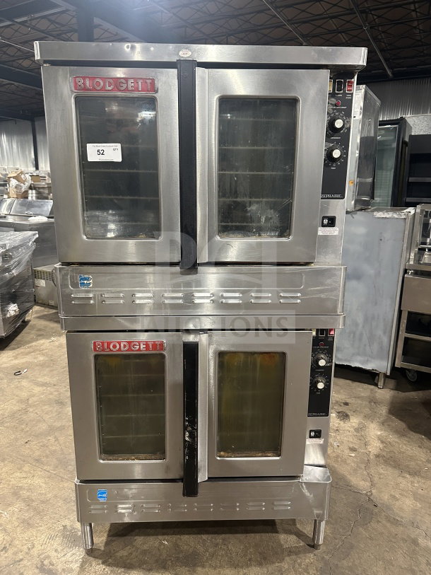 Blodgett commercial stainless steel double stacked convection oven, gas powered, Energy Star certified, with wired oven rack, on legs.