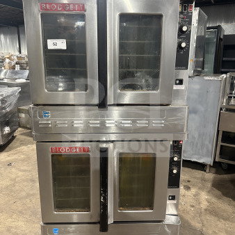 Blodgett commercial stainless steel double stacked convection oven, gas powered, Energy Star certified, with wired oven rack, on legs.