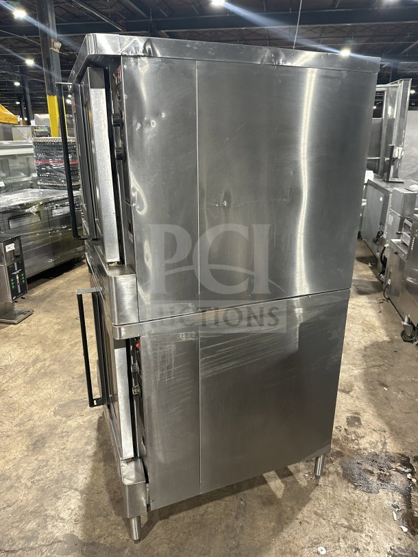Blodgett double stacked stainless steel gas convection oven, Energy Star certified, with wired oven rack, on legs, good condition.