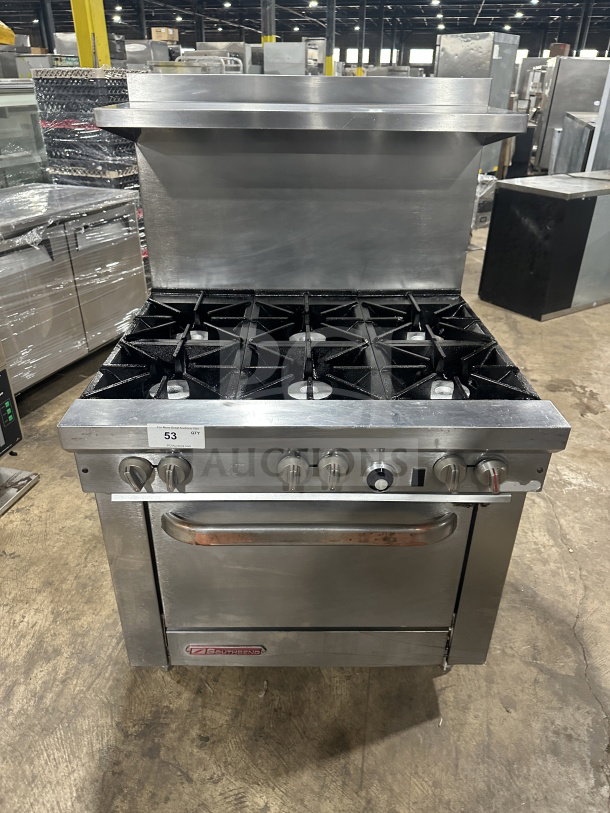 Southbend S36D7N stainless steel 6-burner range/oven, natural gas, with backsplash, overhead salamander shelf, wired oven rack.