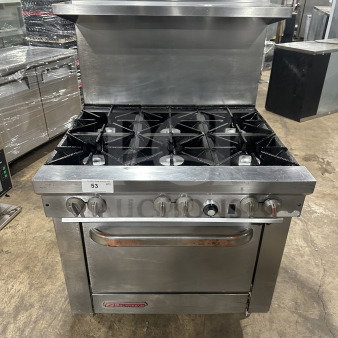 Southbend S36D7N stainless steel 6-burner range/oven, natural gas, with backsplash, overhead salamander shelf, wired oven rack.