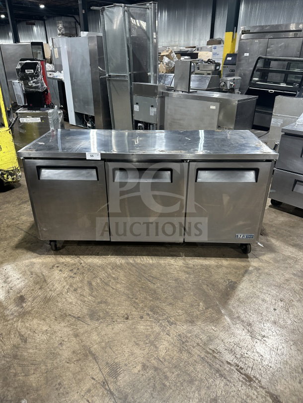 Turbo Air M3 Series 3-door stainless steel undercounter refrigerator, model MUR-72, on casters, with poly-coated rack.