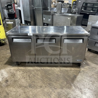 Turbo Air M3 Series 3-door stainless steel undercounter refrigerator, model MUR-72, on casters, with poly-coated rack.