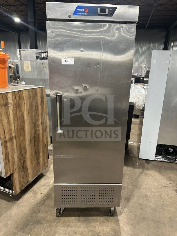 Fagor commercial stainless steel reach-in refrigerator, single solid door, poly coated wired rack, 115V, on casters.