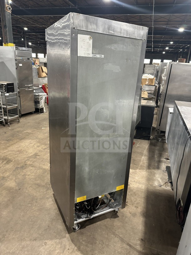 Fagor commercial stainless steel reach-in refrigerator, single solid door, on casters, with poly coated wired rack.