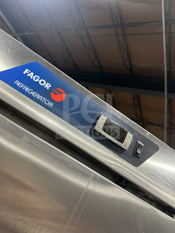 Fagor Commercial Stainless Steel Refrigerator, single solid door, poly coated rack, digital controls, on casters, 115V.