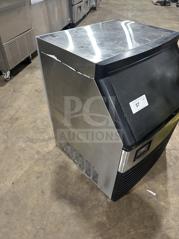 Avantco stainless steel undercounter ice maker, Model 194UC160HA. Commercial grade with visible surface marks, on legs.
