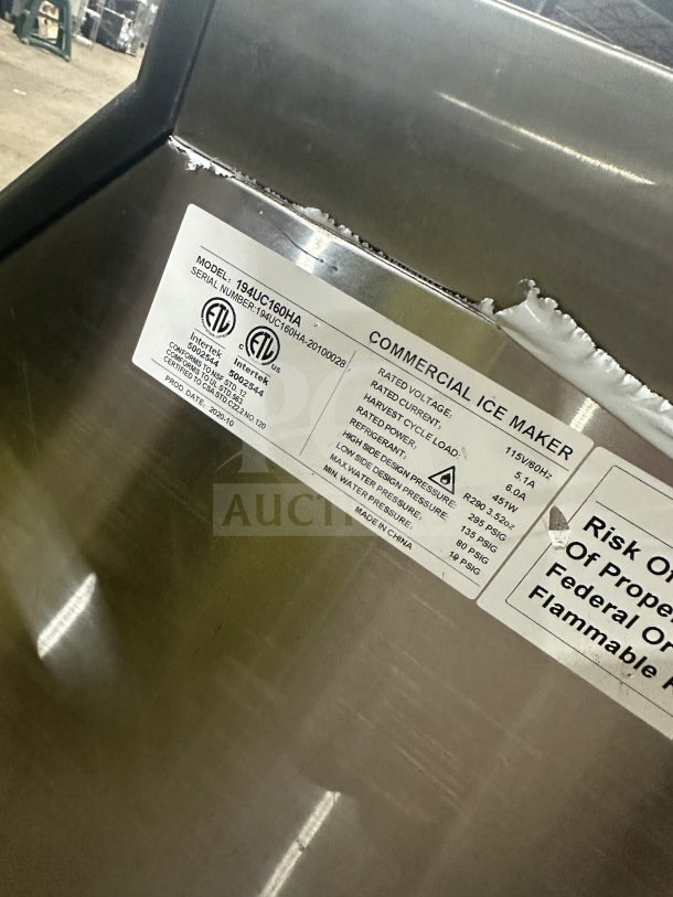 Avantco commercial undercounter ice maker, model 194UC160HA, stainless steel, on legs, 115V, SN 194UC160HA-20100028.