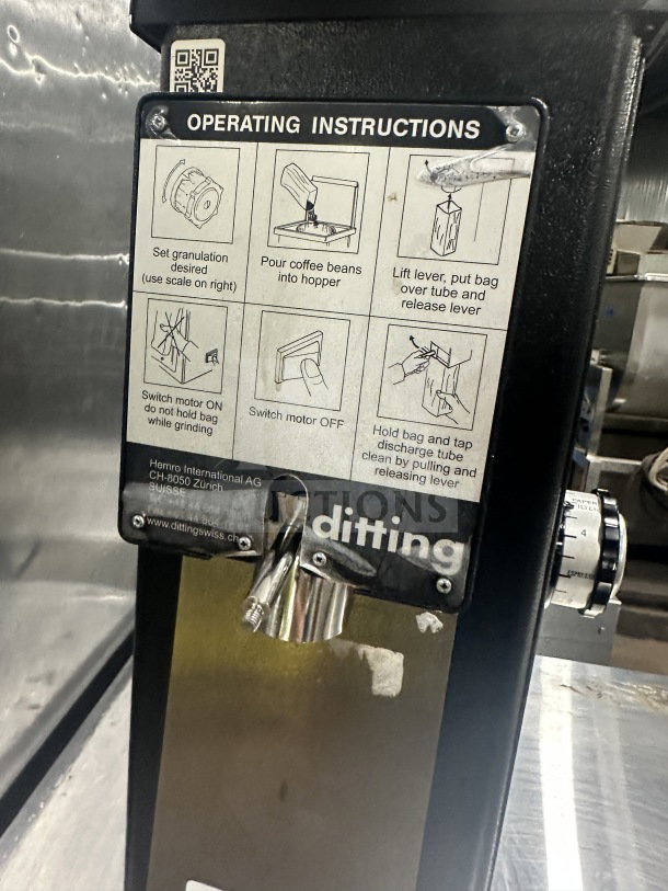 Ditting KR1203 commercial coffee grinder with operating instructions. Model SN: 2022279016, 120V, 1 Phase, in good condition.