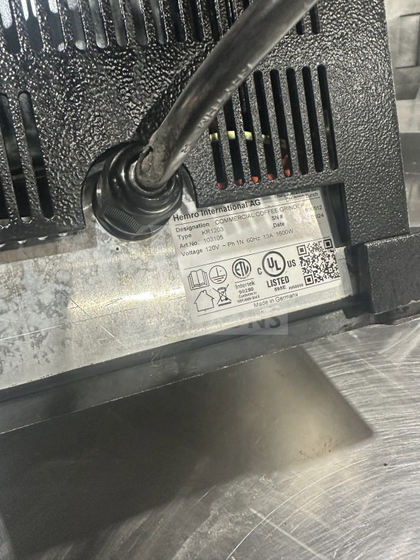 Ditting KR1203 commercial coffee grinder with visible serial number 2022279016, voltage 120V, in good condition.