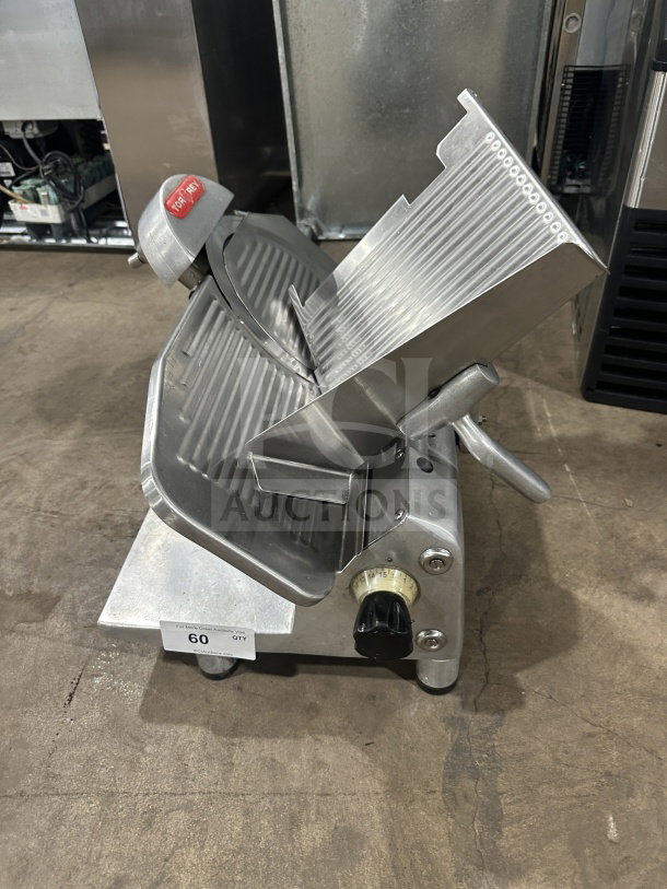 Rare Tor-Rey RB-300A electric meat slicer, serial 00201470, 115V, 1 phase, countertop model with adjustable thickness knob.