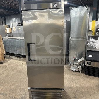 True T-23F stainless steel single-door reach-in freezer on casters. Features Energy Star certification and poly-coated wired rack.