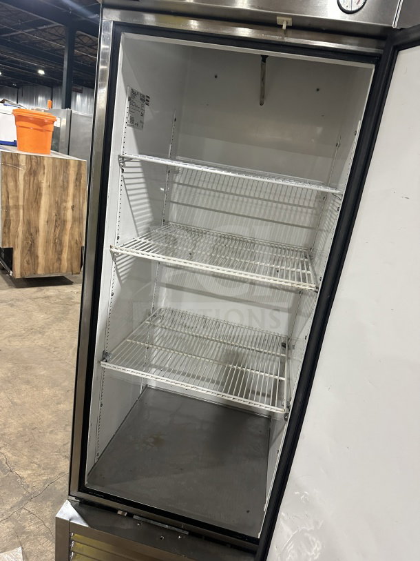 True T-23F Commercial Stainless Steel Single Door Freezer, Energy Star, poly-coated racks, SN 5174965, on casters.