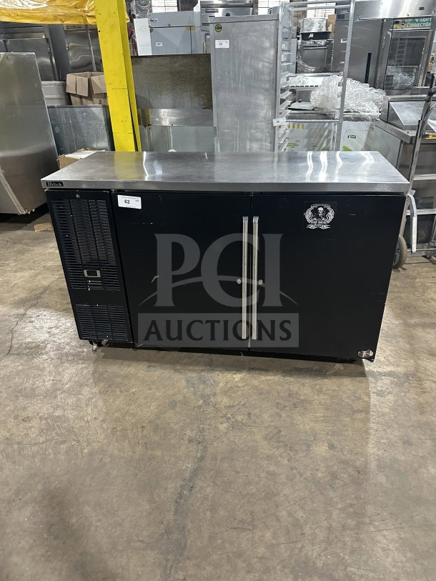 Perlick BBS60RM commercial black 2-door cooler with stainless steel worktop, poly coated wire racks, on casters. 115V, 1 phase.
