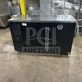 Perlick BBS60RM commercial black 2-door cooler with stainless steel worktop, poly coated wire racks, on casters. 115V, 1 phase.