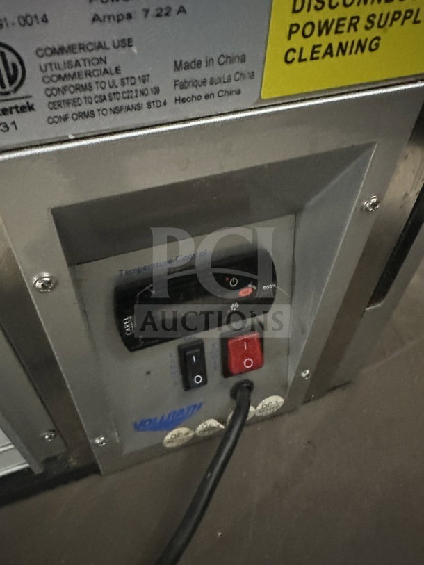 Vollrath Model RDE8363 control panel with power switches and temperature control. Serial number and certifications visible.