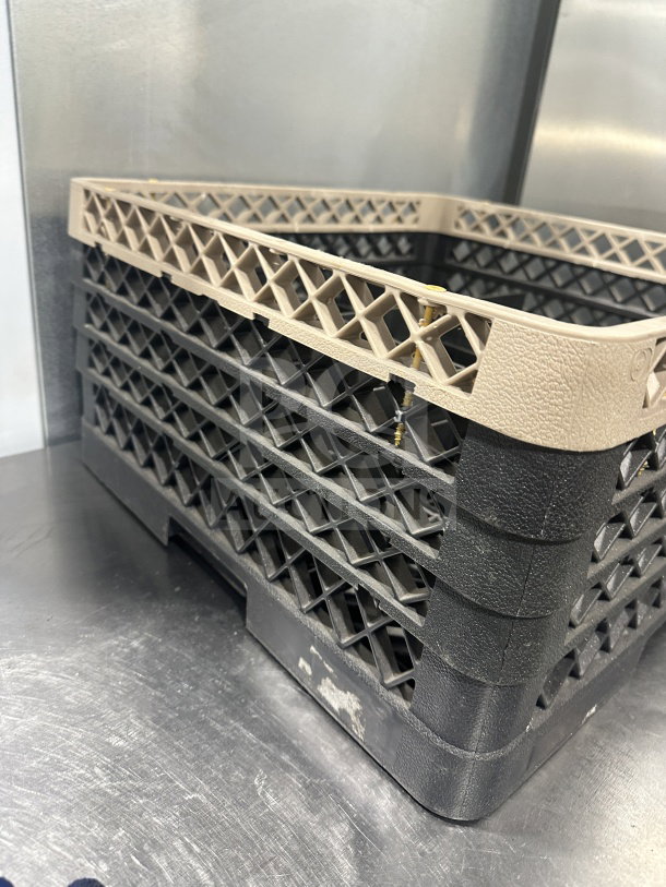 Rare commercial polypropylene plastic dishwasher rack for cups/stemware, in good condition. Beige and black with lattice design.