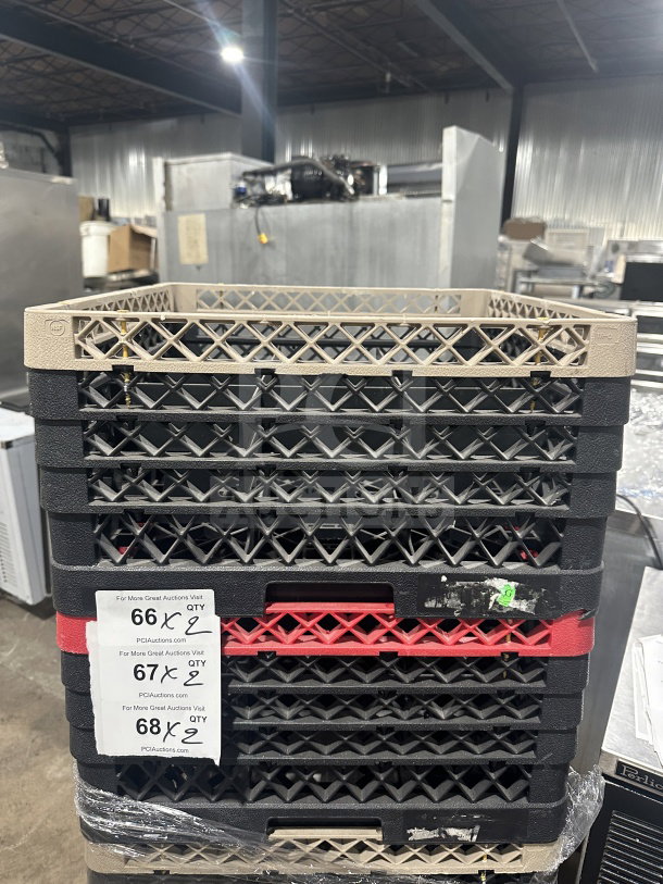 Rare commercial polypropylene dishwasher rack, suitable for cups/stemware. Features durable construction, visible labeling for quantity and auction info.