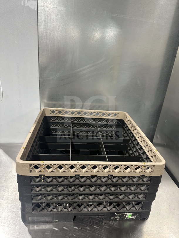 Rare commercial polypropylene dishwasher cup/stemware rack; black with beige trim, grid compartments, excellent condition.