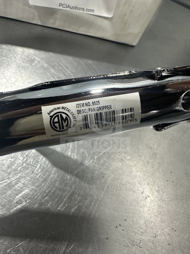 Brand new American MetalCraft pan gripper Model 9525 with label showing item number and barcode, made in China.