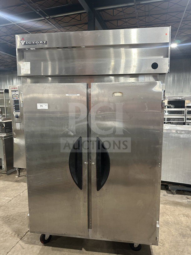 Victory VR-2 stainless steel 2-door reach-in refrigerator, adjustable poly coated wire racks, on casters. Model: VR-2 SN: P03933419.