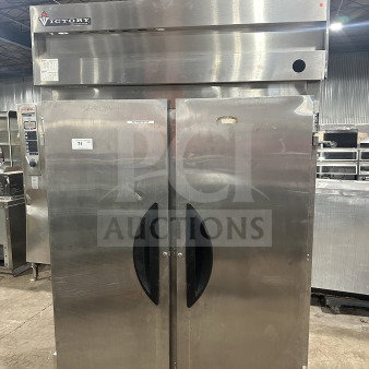 Victory VR-2 stainless steel 2-door reach-in refrigerator, adjustable poly coated wire racks, on casters. Model: VR-2 SN: P03933419.