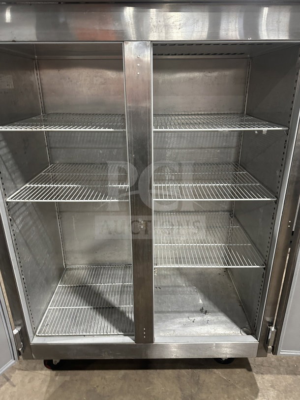 Victory VR-2 stainless steel 2-door refrigerator with adjustable wire racks and casters. Model VR2, SN: P03933419, 115V 1 Phase.