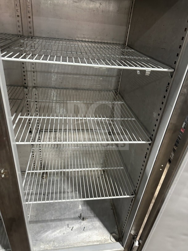 Victory VR2 commercial stainless steel 2-door reach-in refrigerator, poly coated wire racks, 115V, on casters, SN: P03933419.
