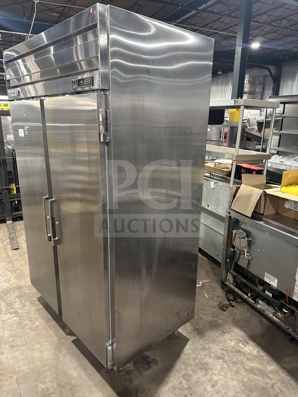 Stainless steel Beverage Air Piedmont Series 2-door reach-in refrigerator with poly-coated wire rack, on legs.