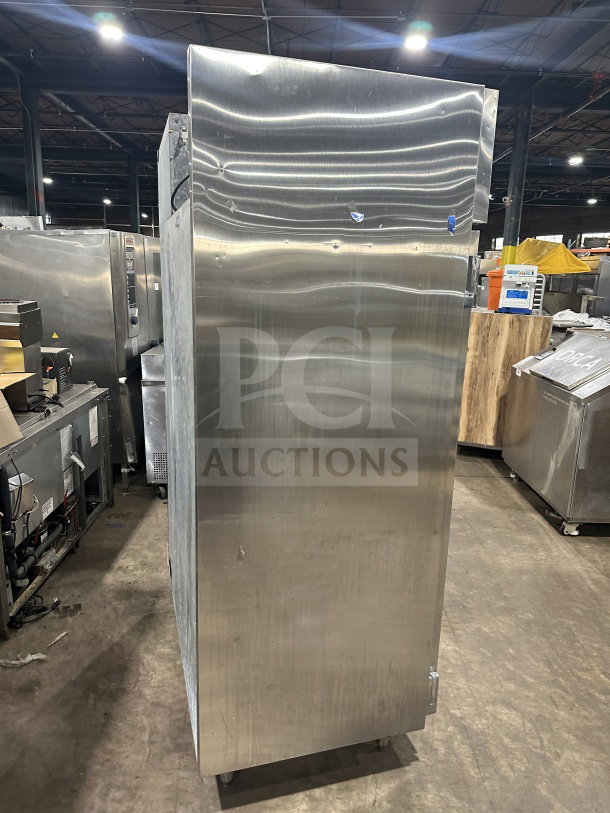 Beverage Air Piedmont Series stainless steel 2-door reach-in refrigerator, with poly-coated wire rack and legs, viewed from the side.
