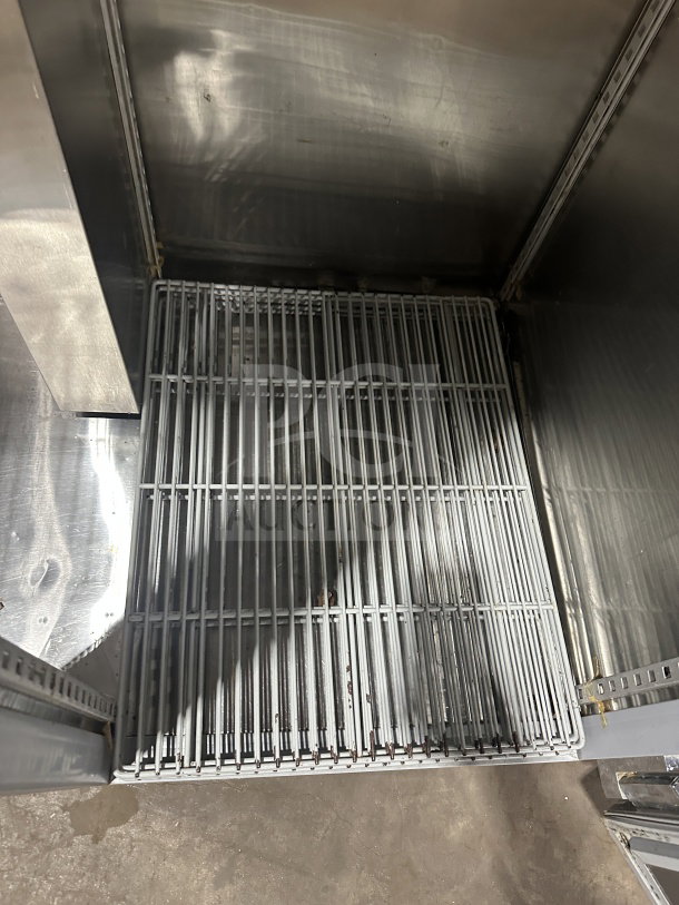 Beverage Air Piedmont Series stainless steel 2-door refrigerator with a poly-coated wire rack, shown on legs.
