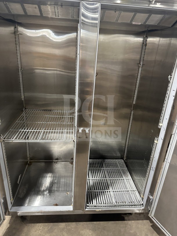 Beverage Air Piedmont Series 2-door stainless steel refrigerator with poly-coated wire rack, visible used condition, on legs.
