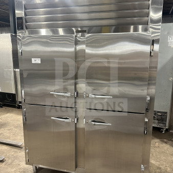 Good! Traulsen Commercial Stainless Steel Solid Half-Door Double Section Reach-In Refrigerator/Freezer! With Chrome Plated Wired Rack & Built-In Pan Slides! Model: AHT232WUT-HHS SN: T557330C97! 115V 1 Phase! On Legs!