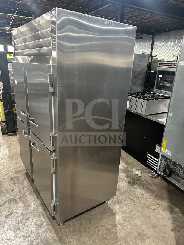 Traulsen commercial stainless steel half-door double section refrigerator/freezer, model AHT232WUTHHS, with chrome racks.