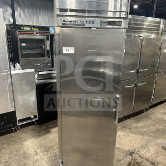 Beverage Air single-door stainless steel reach-in refrigerator with tray slides. Model 1109. On legs, good condition.