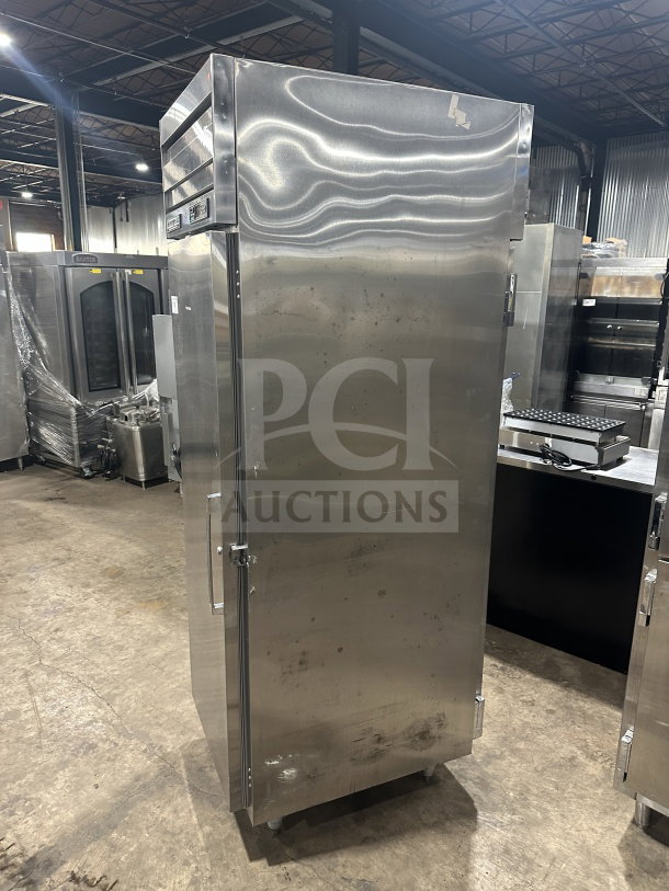 Beverage Air stainless steel single-door reach-in refrigerator with tray slides, pan slides, and legs. Used condition.