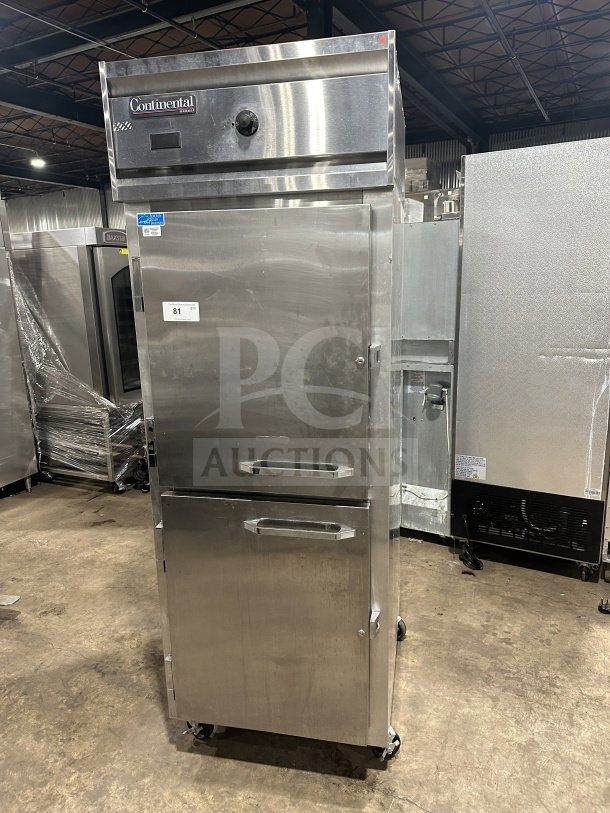 Continental DL1WEHD stainless steel 2-door refrigerator, Dutch style, Energy Star certified, on casters, with rack & shelf.