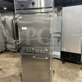 Continental DL1WEHD stainless steel 2-door refrigerator, Dutch style, Energy Star certified, on casters, with rack & shelf.