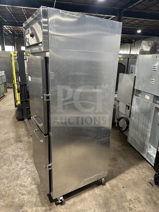 Continental DL1WE-HD 2-door stainless steel refrigerator on casters. Includes rack and shelf. Energy Star certified.