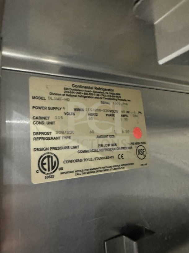 Continental Commercial Stainless Steel 2-Door Refrigerator, Model DL1WE-HD, 115V, on casters, Energy Star certified.