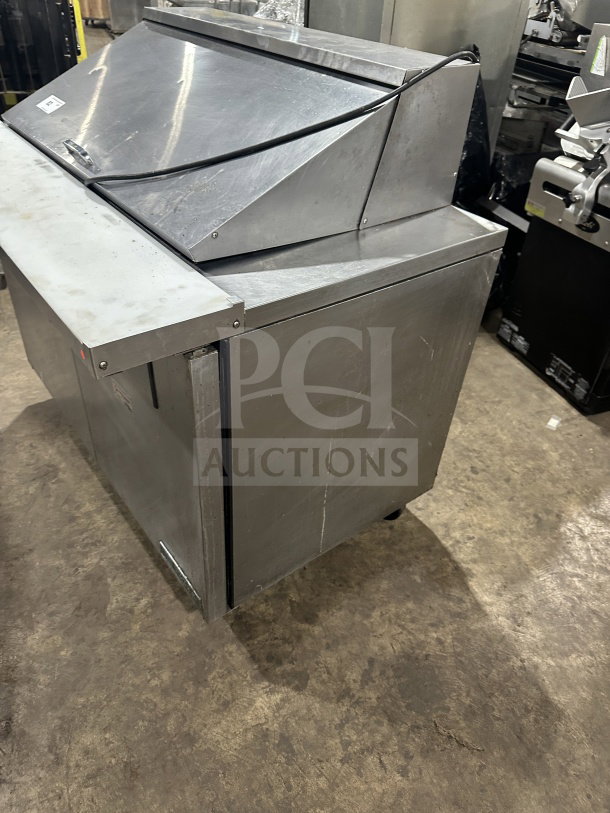 True Commercial Stainless Steel 2-Door Refrigerated Bain Marie Prep Table, Model TSSU-48-18M-B-HC, on casters, with poly rack.