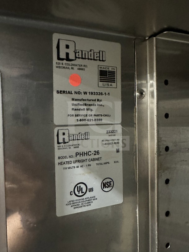 Randell PHHC-26 commercial refrigerator label, model and serial number visible. UL and NSF certified, 115V, 1 phase.