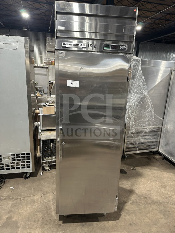 Beverage Air commercial stainless steel single-door refrigerator, electric-powered, solid door, on legs, visible branding.