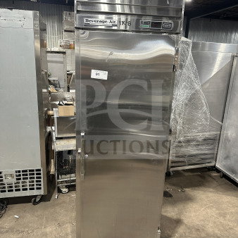 Beverage Air commercial stainless steel single-door refrigerator, electric-powered, solid door, on legs, visible branding.