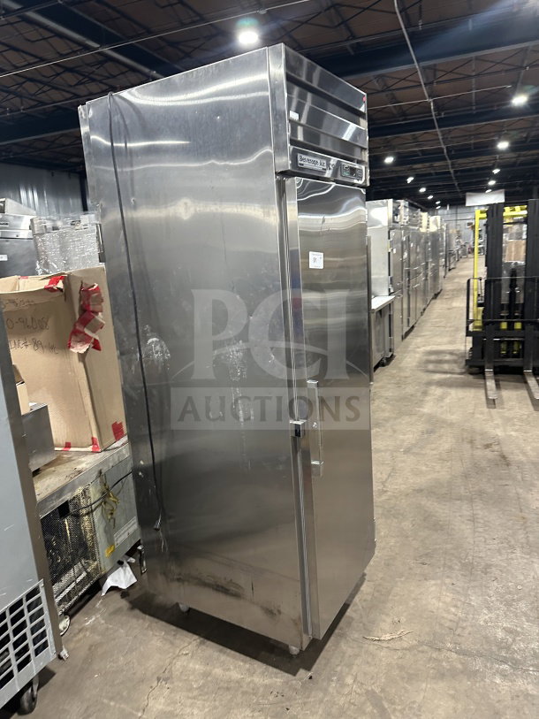 Beverage Air stainless steel commercial refrigerator, single-door, electric, on legs, good condition, visible brand label.